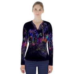 Grunge Paint Splatter Splash Ink V-neck Long Sleeve Top by Wegoenart