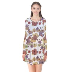 Multicolored Floral Collage Print Long Sleeve V-neck Flare Dress