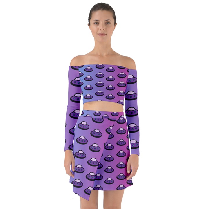 Ufo Alien Pattern Off Shoulder Top with Skirt Set