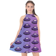 Ufo Alien Pattern Halter Neckline Chiffon Dress 