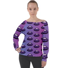 Ufo Alien Pattern Off Shoulder Long Sleeve Velour Top