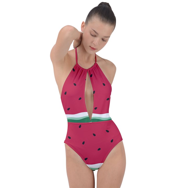 Minimalist Summer Watermelon Wallpaper Plunge Cut Halter Swimsuit