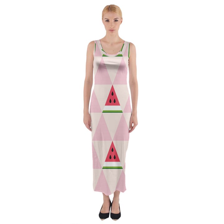 Seamless Pattern Watermelon Slices Geometric Style Fitted Maxi Dress