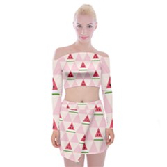 Seamless Pattern Watermelon Slices Geometric Style Off Shoulder Top With Mini Skirt Set by Nexatart