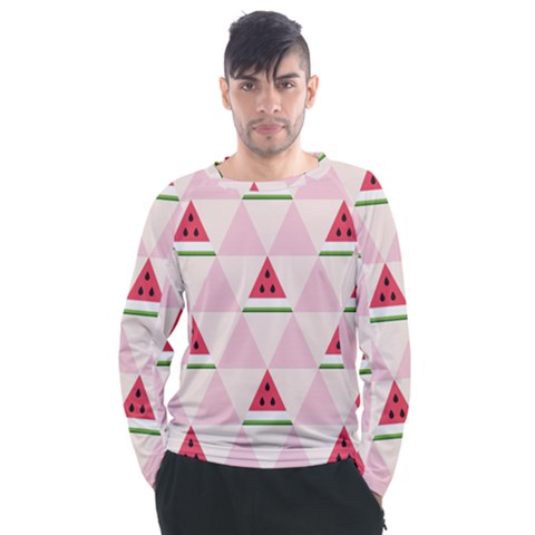 Seamless Pattern Watermelon Slices Geometric Style Men s Long Sleeve Raglan Tee by Nexatart