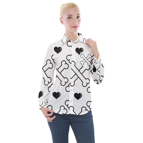 Dog Bone Seamless Pattern Heart Valentine Women s Long Sleeve Pocket Shirt by Nexatart