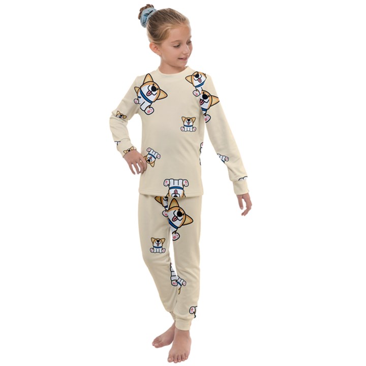 Cute Welsh Corgi Puppy Sitting Seamless Pattern Kids  Long Sleeve Set 