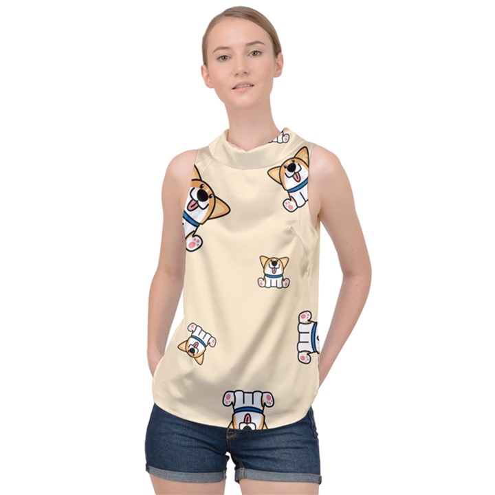 Cute Welsh Corgi Puppy Sitting Seamless Pattern High Neck Satin Top