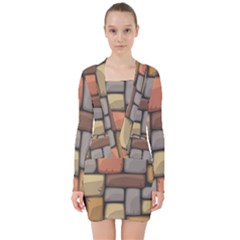 Colorful Brick Wall Texture V-neck Bodycon Long Sleeve Dress by Nexatart