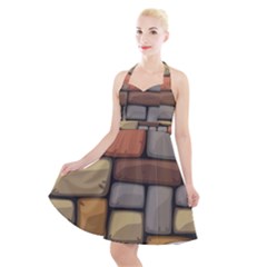 Colorful Brick Wall Texture Halter Party Swing Dress  by Nexatart