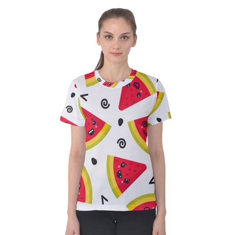 Cute Smiling Watermelon Seamless Pattern White Background Women s Cotton Tee by Nexatart