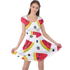 Cute Smiling Watermelon Seamless Pattern White Background Cap Sleeve Dress by Nexatart