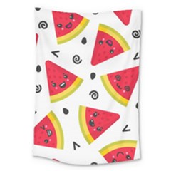 Cute Smiling Watermelon Seamless Pattern White Background Large Tapestry by Nexatart