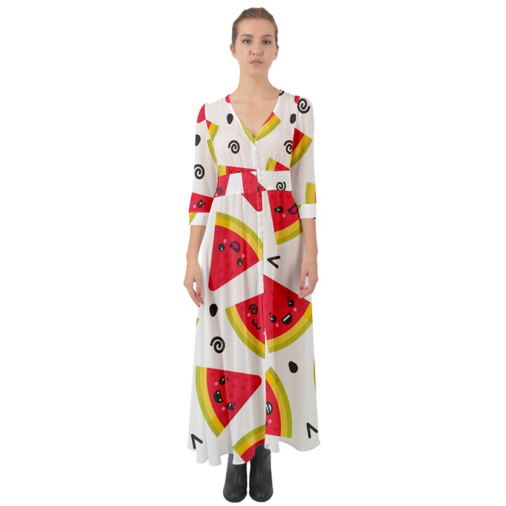 Cute Smiling Watermelon Seamless Pattern White Background Button Up Boho Maxi Dress