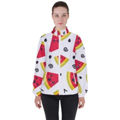 Cute Smiling Watermelon Seamless Pattern White Background Women s High Neck Windbreaker by Nexatart