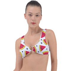 Cute Smiling Watermelon Seamless Pattern White Background Ring Detail Bikini Top