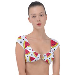 Cute Smiling Watermelon Seamless Pattern White Background Cap Sleeve Ring Bikini Top