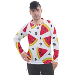 Cute Smiling Watermelon Seamless Pattern White Background Men s Pique Long Sleeve Tee