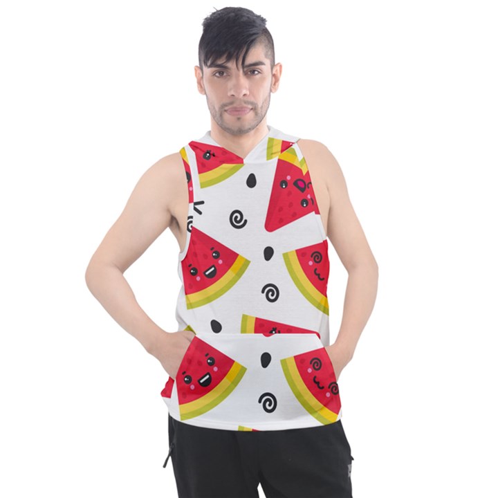 Cute Smiling Watermelon Seamless Pattern White Background Men s Sleeveless Hoodie