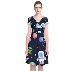 Space Astronomy Decorative Symbols Seamless Pattern Vector Illustration Short Sleeve Front Wrap Dress by Nexatart