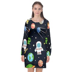 Space Astronomy Decorative Symbols Seamless Pattern Vector Illustration Long Sleeve Chiffon Shift Dress  by Nexatart