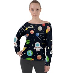 Space Astronomy Decorative Symbols Seamless Pattern Vector Illustration Off Shoulder Long Sleeve Velour Top