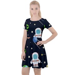 Space Astronomy Decorative Symbols Seamless Pattern Vector Illustration Cap Sleeve Velour Dress 