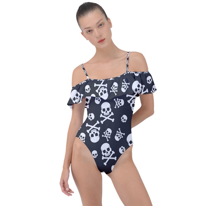 Skull Crossbones Seamless Pattern Holiday Halloween Wallpaper Wrapping Packing Backdrop Frill Detail One Piece Swimsuit