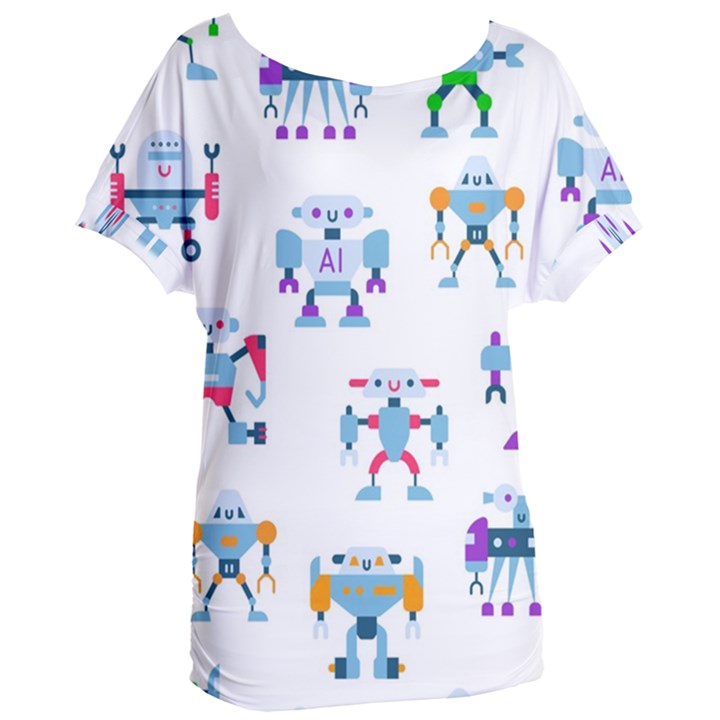 Cute Toy Robotsantennas Wires Seamless Pattern Women s Oversized Tee