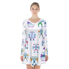 Cute Toy Robotsantennas Wires Seamless Pattern Long Sleeve Velvet V-neck Dress by Nexatart