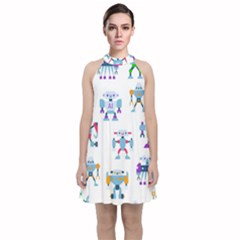 Cute Toy Robotsantennas Wires Seamless Pattern Velvet Halter Neckline Dress  by Nexatart