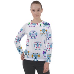 Cute Toy Robotsantennas Wires Seamless Pattern Women s Long Sleeve Raglan Tee