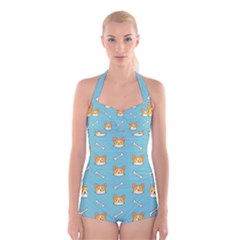 Cute Corgi Dog Face Pattern Boyleg Halter Swimsuit  by Nexatart