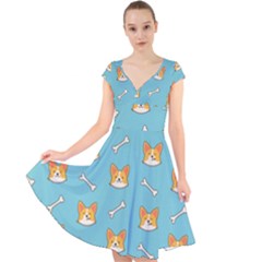 Cute Corgi Dog Face Pattern Cap Sleeve Front Wrap Midi Dress by Nexatart