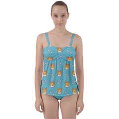 Cute Corgi Dog Face Pattern Twist Front Tankini Set by Nexatart