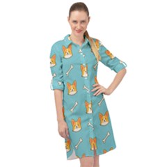 Cute Corgi Dog Face Pattern Long Sleeve Mini Shirt Dress by Nexatart