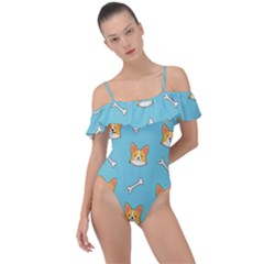 Cute Corgi Dog Face Pattern Frill Detail One Piece Swimsuit by Nexatart