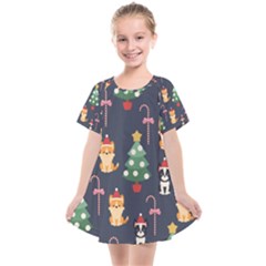 Boston Terrier Welsh Corgi Puppies Seamless Pattern Wallpaper Kids  Smock Dress by Nexatart