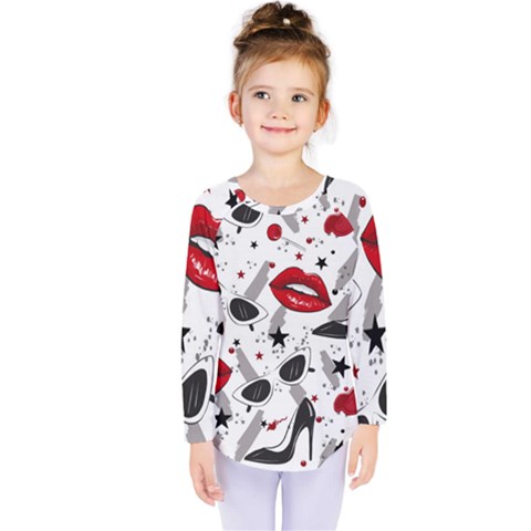 Red Lips Black Heels Pattern Kids  Long Sleeve Tee by Nexatart