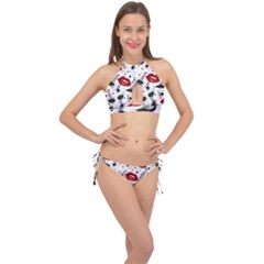 Red Lips Black Heels Pattern Cross Front Halter Bikini Set by Nexatart