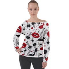 Red Lips Black Heels Pattern Off Shoulder Long Sleeve Velour Top