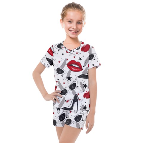 Red Lips Black Heels Pattern Kids  Mesh Tee And Shorts Set by Nexatart