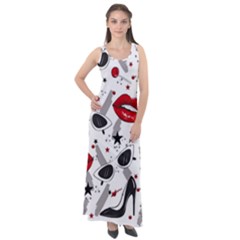 Red Lips Black Heels Pattern Sleeveless Velour Maxi Dress by Nexatart