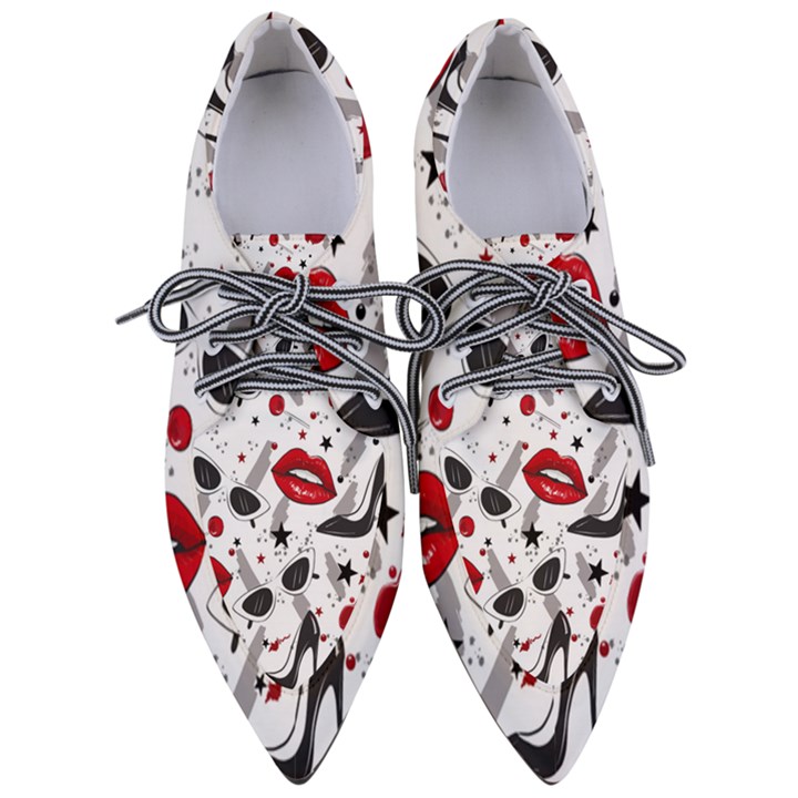 Red Lips Black Heels Pattern Women s Pointed Oxford Shoes