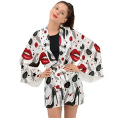 Red Lips Black Heels Pattern Long Sleeve Kimono by Nexatart