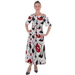 Red Lips Black Heels Pattern Shoulder Straps Boho Maxi Dress  by Nexatart