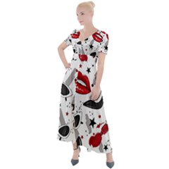 Red Lips Black Heels Pattern Button Up Short Sleeve Maxi Dress