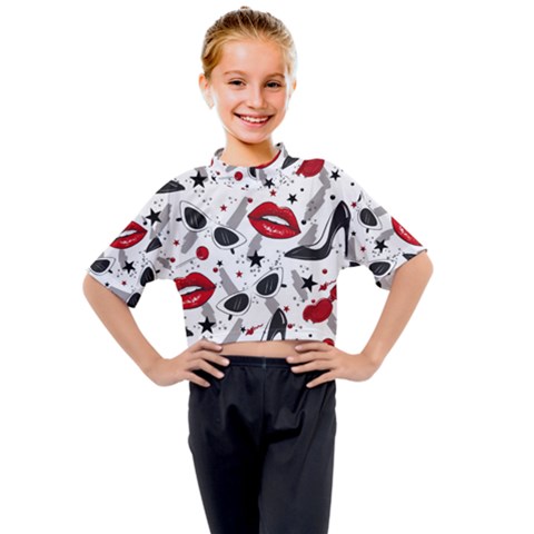 Red Lips Black Heels Pattern Kids Mock Neck Tee by Nexatart