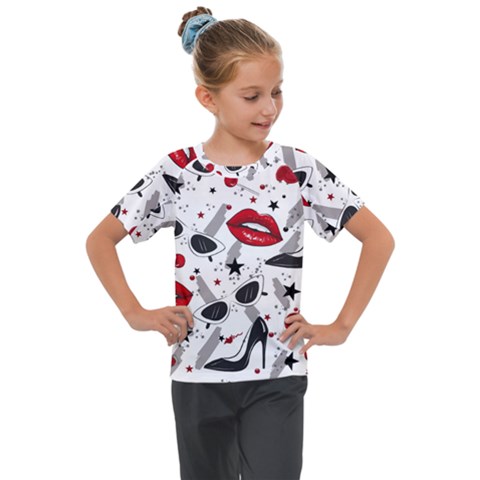 Red Lips Black Heels Pattern Kids  Mesh Piece Tee by Nexatart