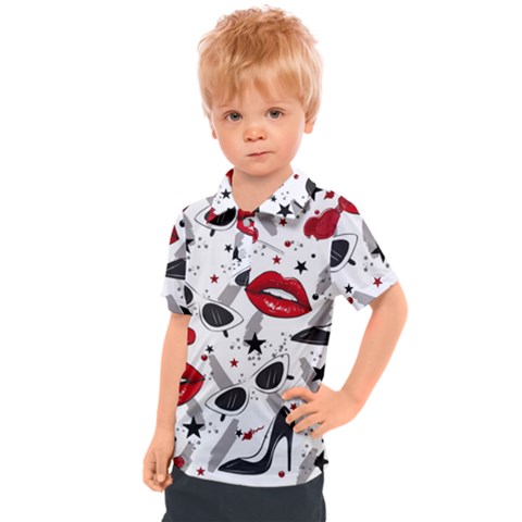 Red Lips Black Heels Pattern Kids  Polo Tee by Nexatart